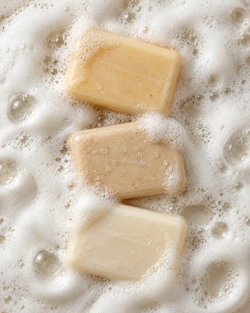 Three bars lying in soft white lather.