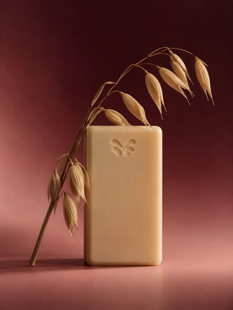 Verse 001 Mellow Blush: a cream bar with the butterfly mark, an oat stalk bending over it, on a blush ground.