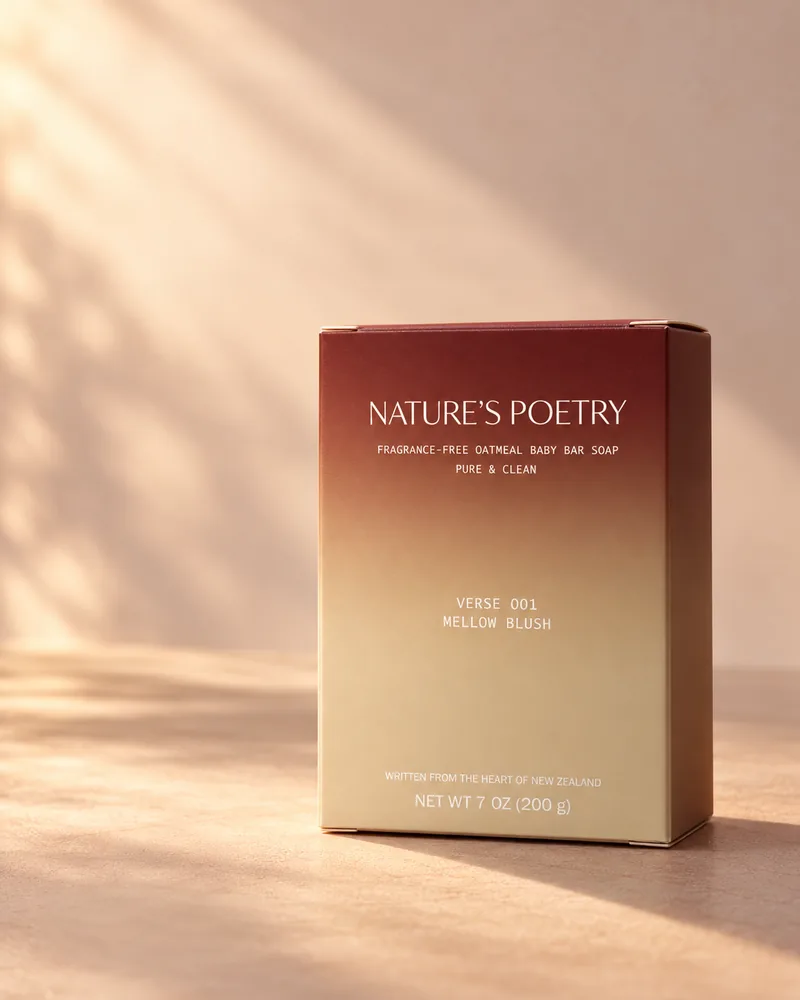 The Verse 001 Mellow Blush carton, maroon fading to sand, standing in a beam of dawn light.