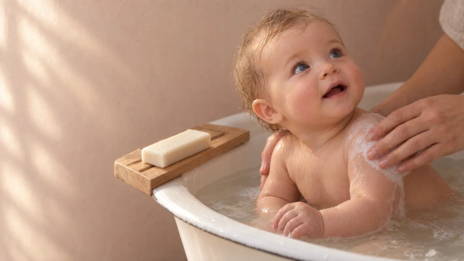 A parent's hands lathering a smiling baby's shoulder in a small white tub, the pale cream rectangular bar on a wooden dish.