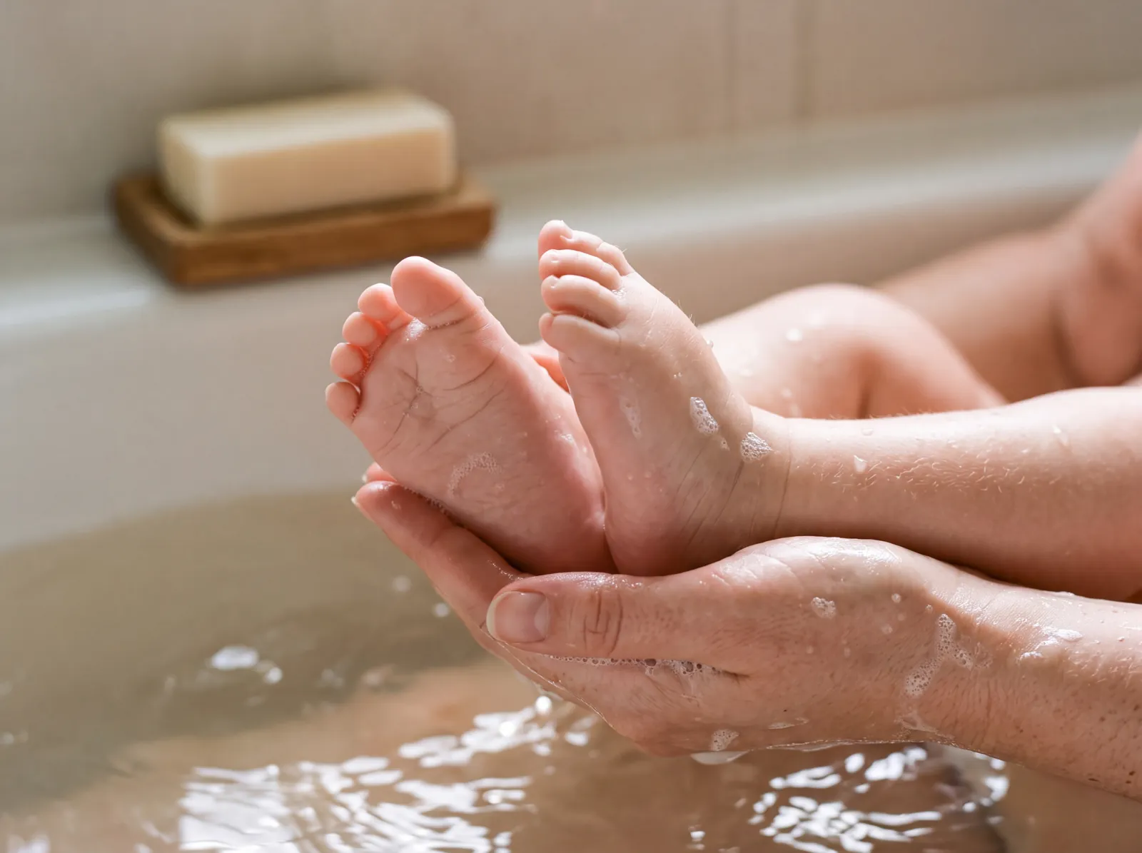 An adult's soapy hands cradling a baby's feet above warm bath water, the rectangular bar on a dish behind.