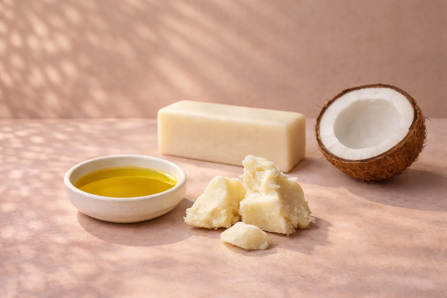Olive oil, raw shea butter and a halved coconut next to a pale cream rectangular bar of soap.