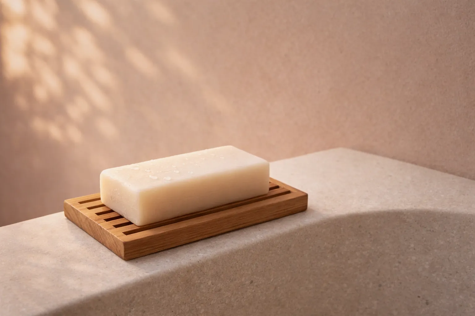 A pale cream rectangular bar of soap drying on a slatted oak dish at the edge of a stone basin.