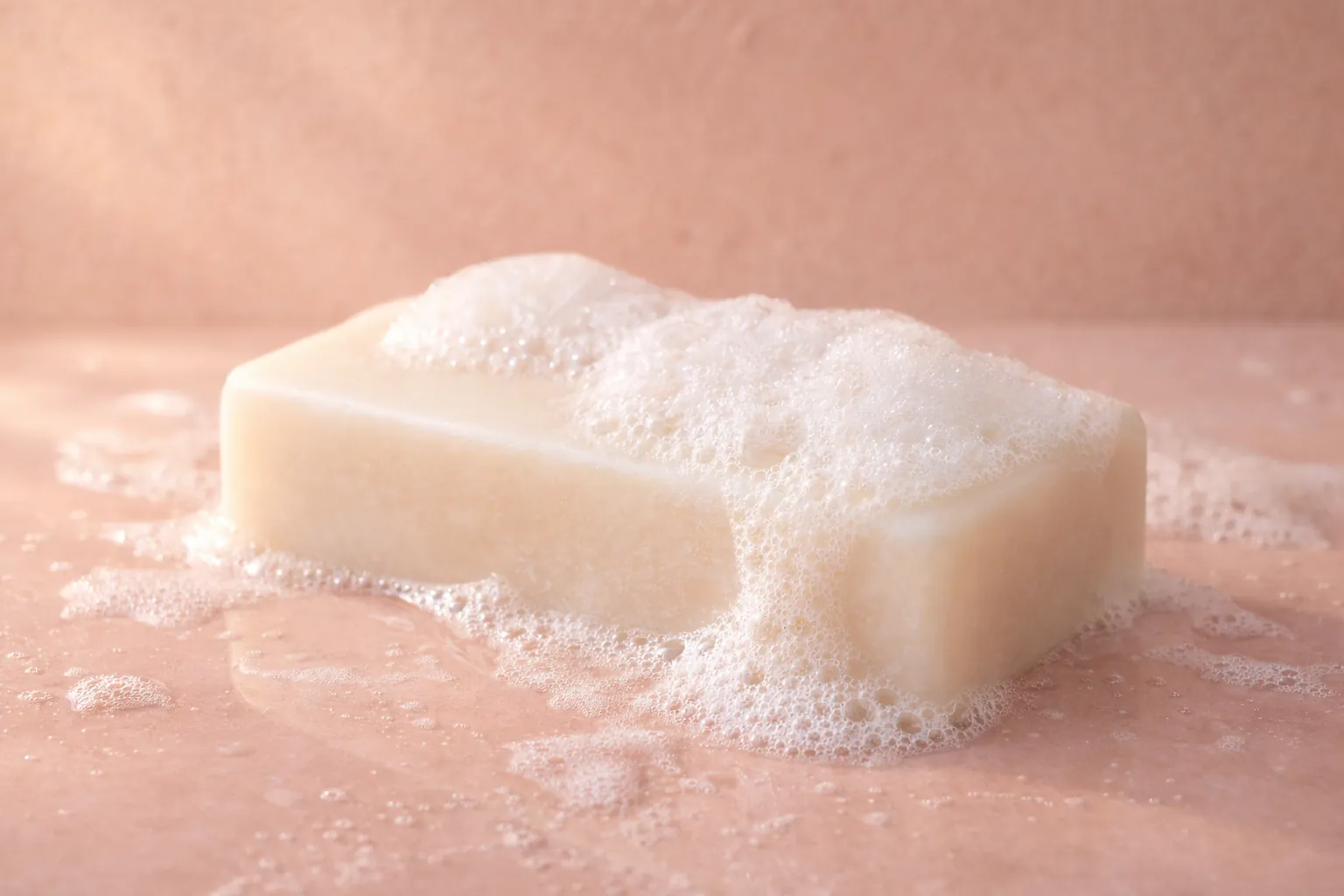 Creamy lather on a pale cream rectangular bar of soap.