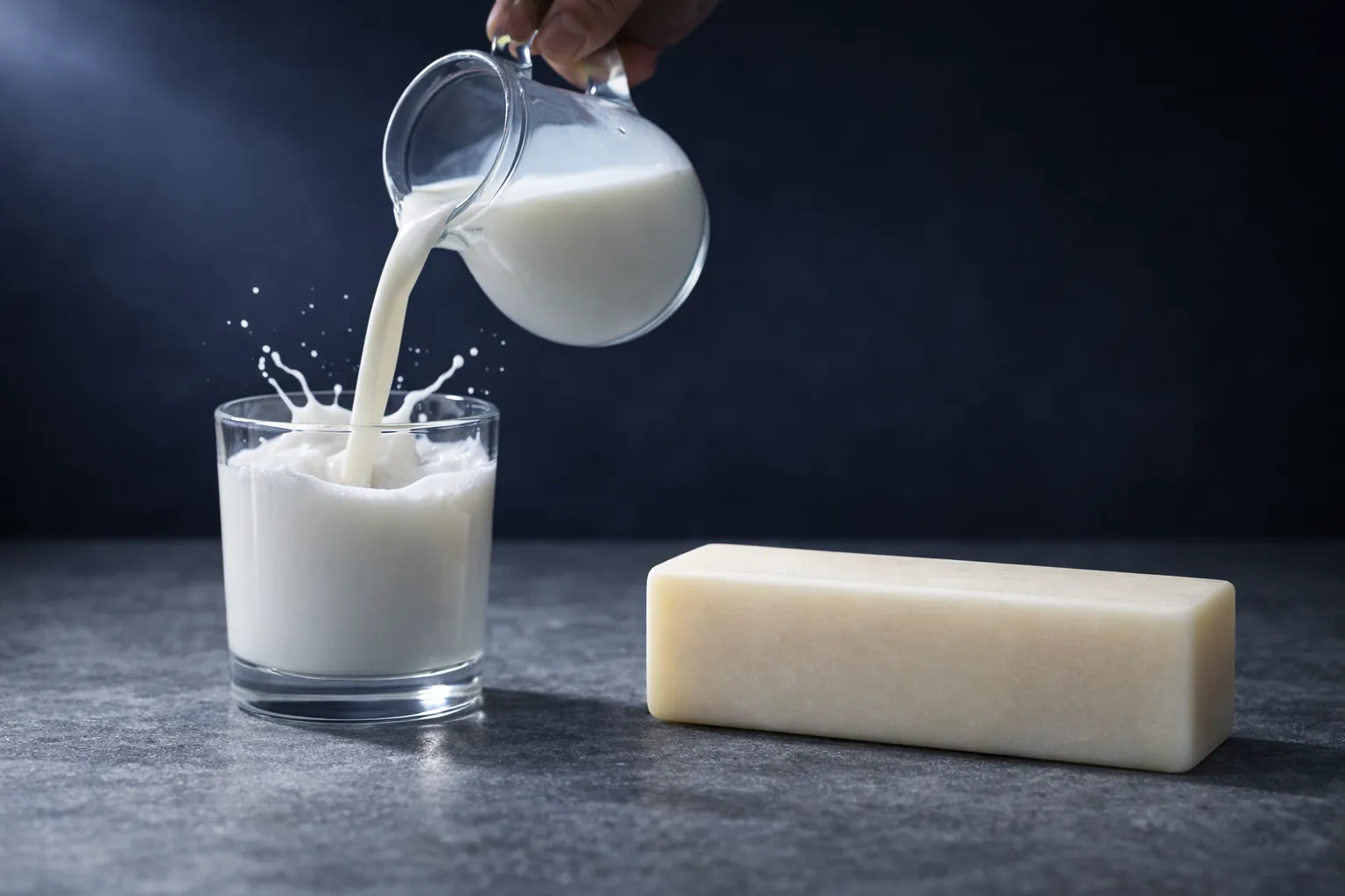 Goat milk poured into a glass beside an ivory rectangular bar.