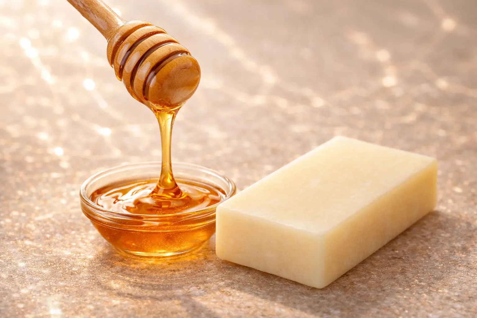 Amber honey dripping from a dipper beside a pale golden rectangular bar.