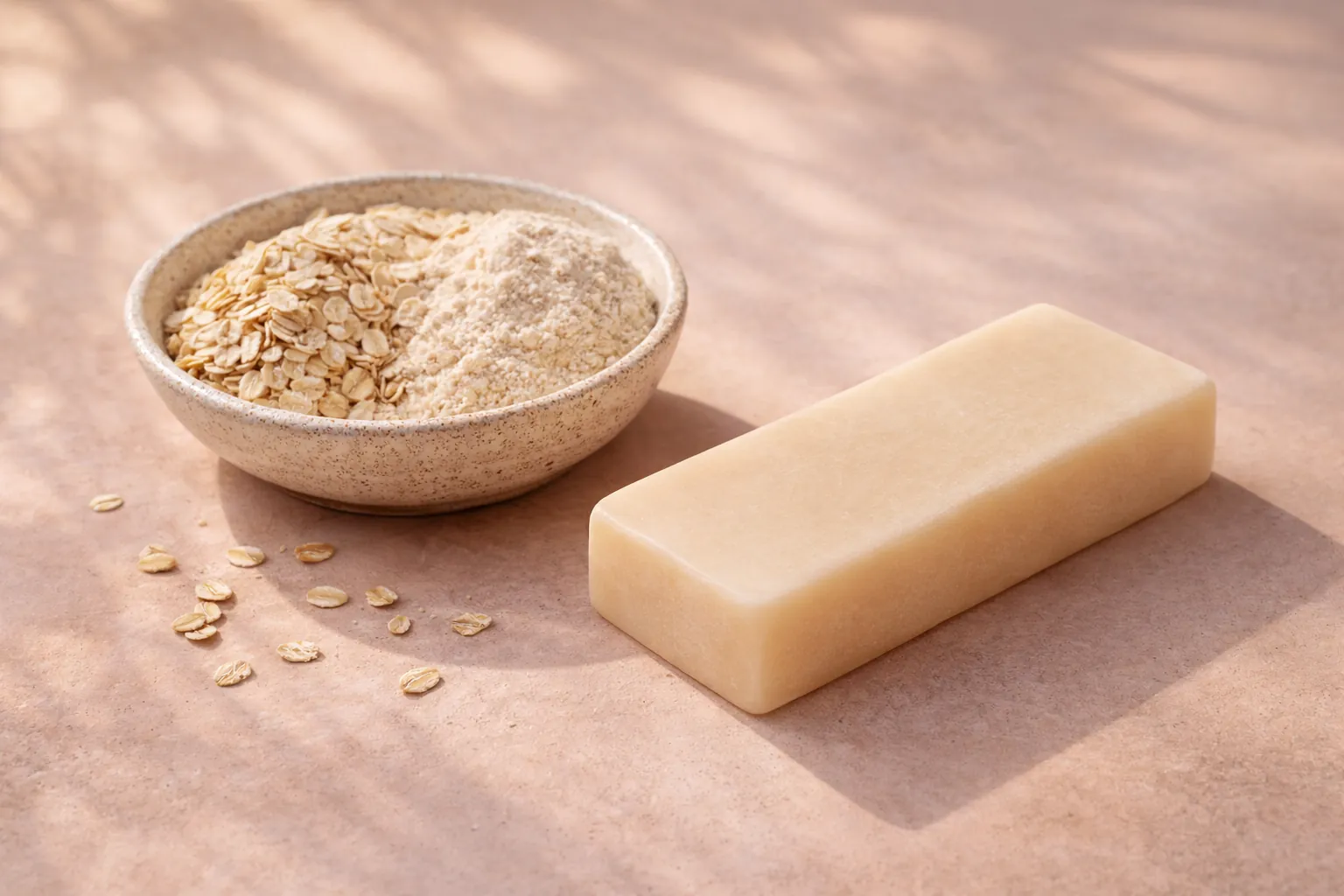 Rolled oats and fine oat flour beside a pale cream rectangular bar.